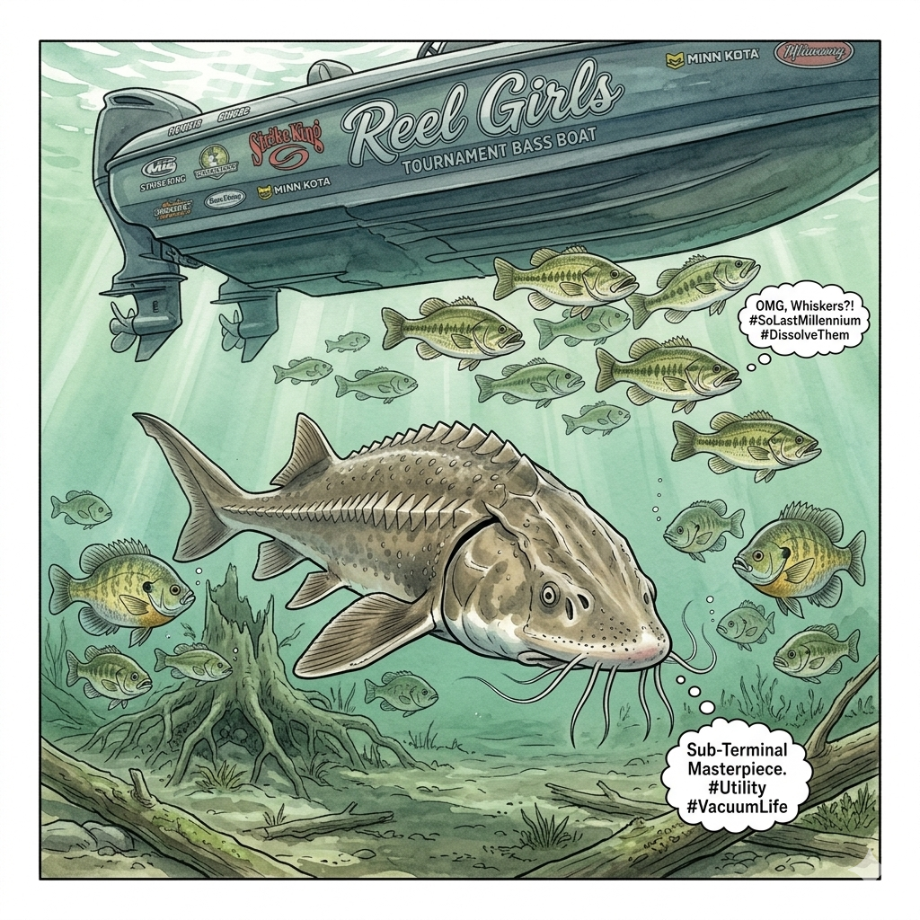 Illustration of a large  Gulf Sturgeon fish underwater with a tournament bass boat and smaller fish in the background.