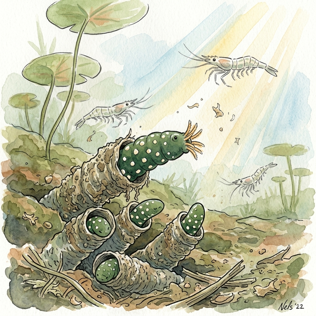 Illustration of a polka-dotted waterbug in an underwater scene with shrimp and plants.