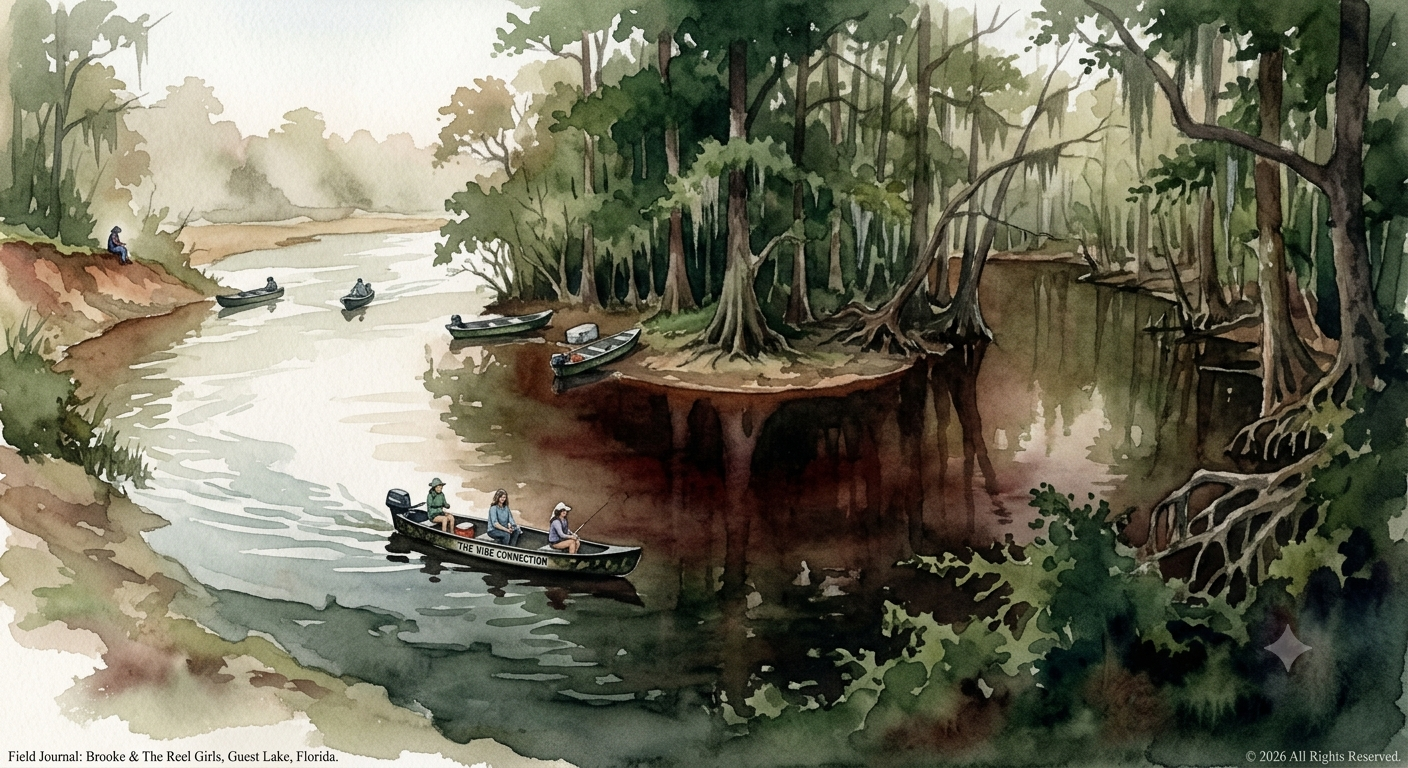 Watercolor image of 3 girls in a boat on an oxbow water Backcountry fishing trip.