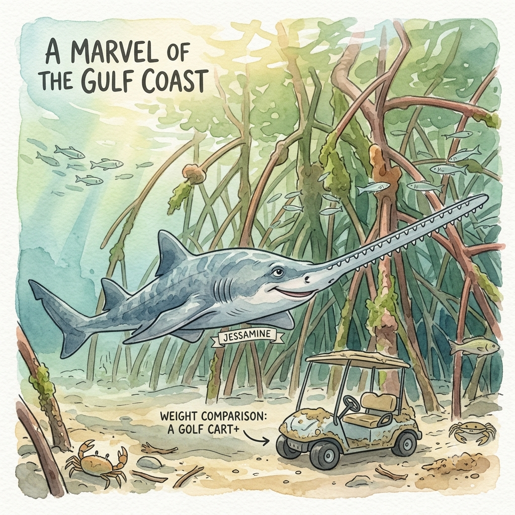 Image of a Smalltooth Sawfish comparison to the weight of a golf cart.