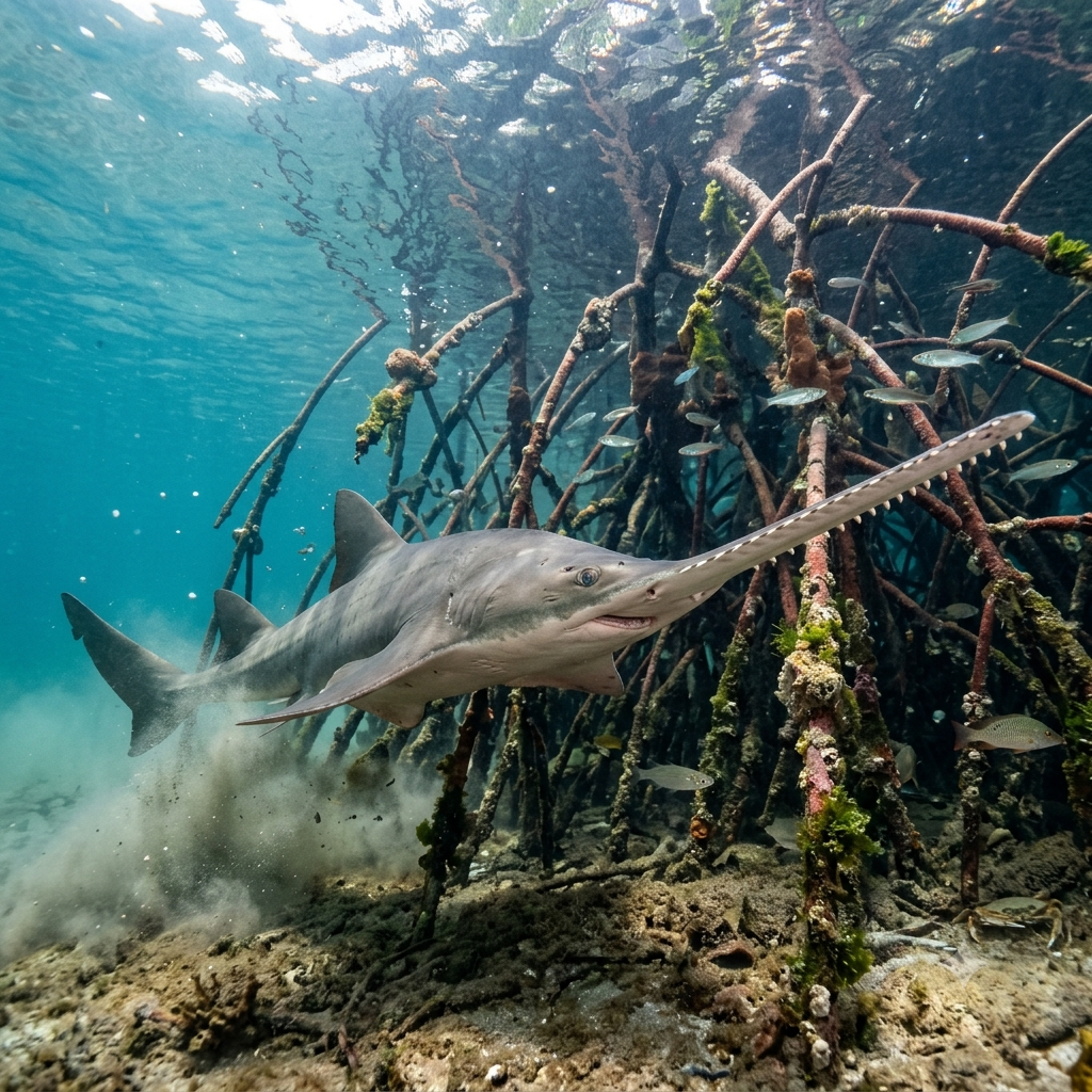 Smalltooth Sawfish in it's natural habitat off Red Mangrove  Island