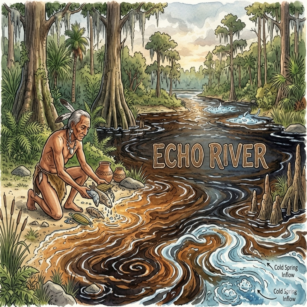 Illustration of native American a person by a river with 'Echo River' text, surrounded by trees and nature.