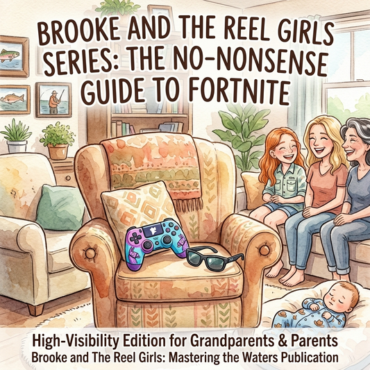 Illustrated book cover for 'Brooke and the Reel Girls Series: The No-Nonsense Guide to Fortnite' featuring a cozy living room scene with three women laughing in an armchair, a baby on the floor, and a purple gaming controller resting on the chair. Text at the bottom references 'Brooke and The Reel Girls: Mastering the Waters Publication'.