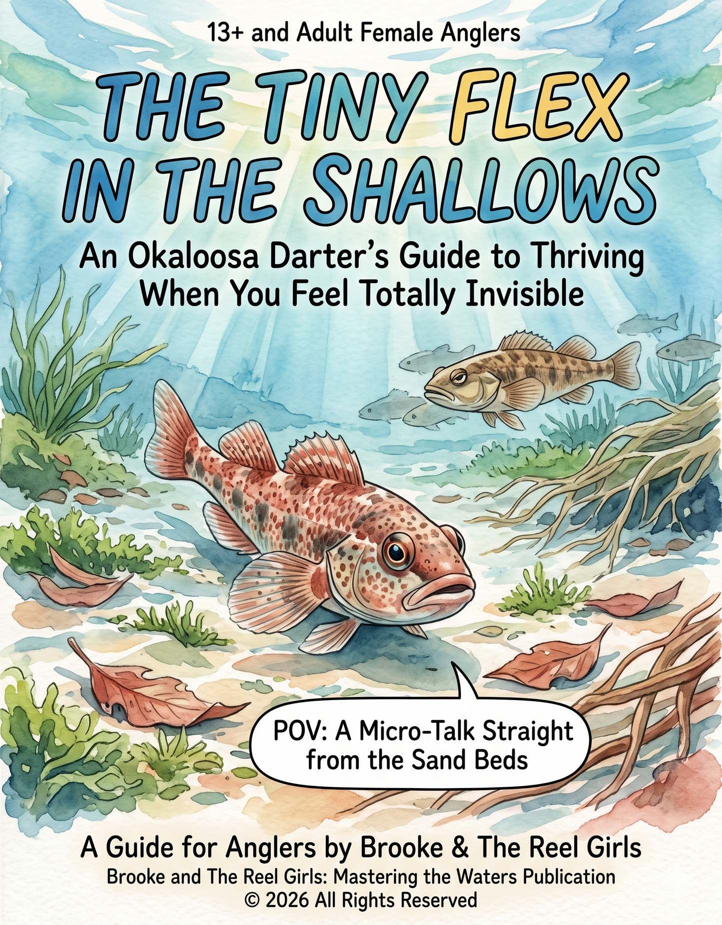 Book cover of 'The Tiny Flex in the Shallows' with fish illustrations and underwater scene.