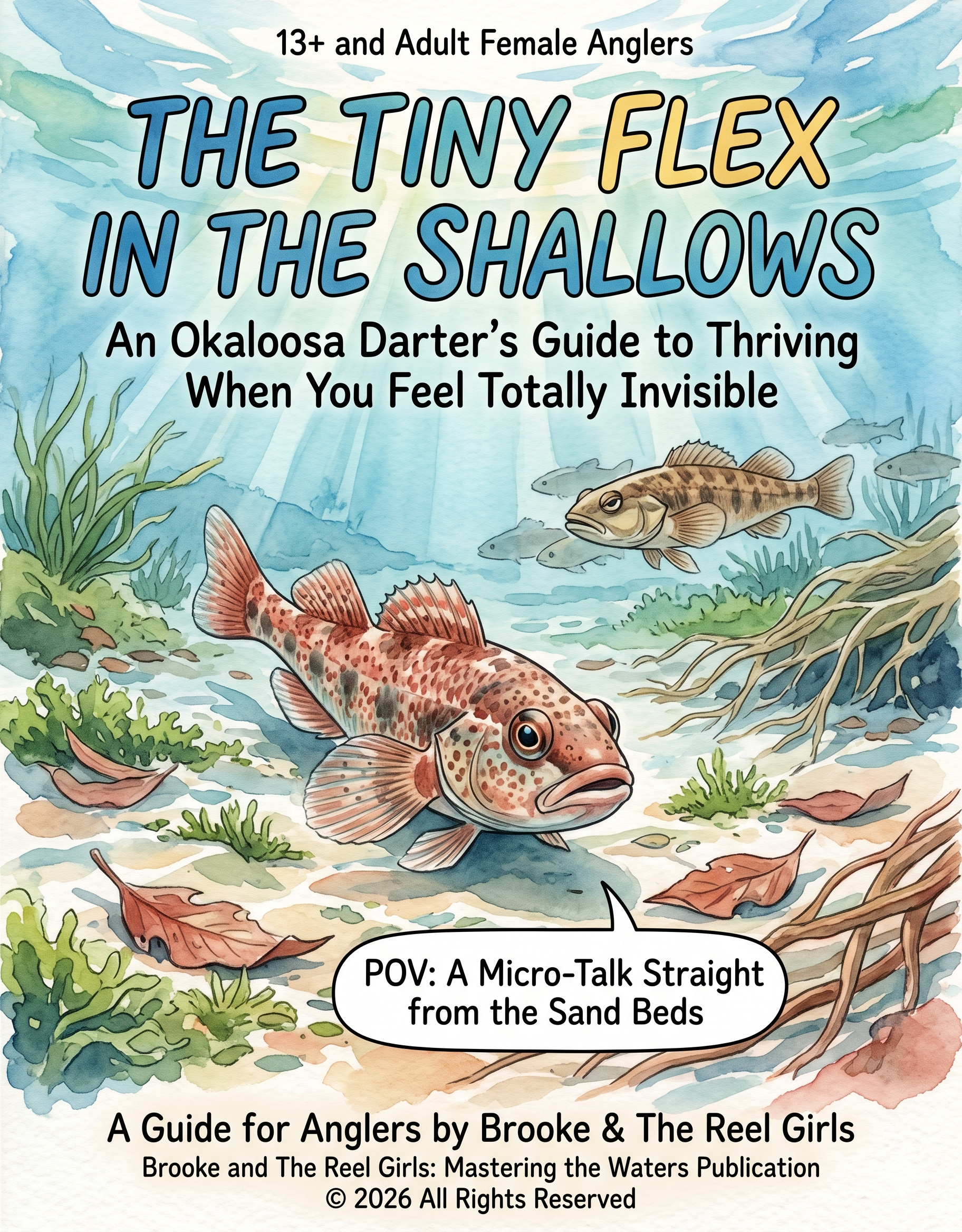 Book cover of 'The Tiny Flex in the Shallows' with fish illustrations and underwater scene.