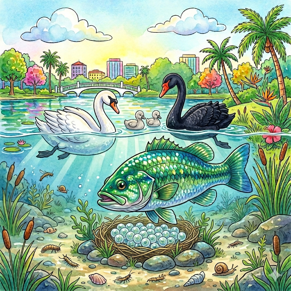 Colorful illustration of swans, fish, and a nest with eggs in a park setting.