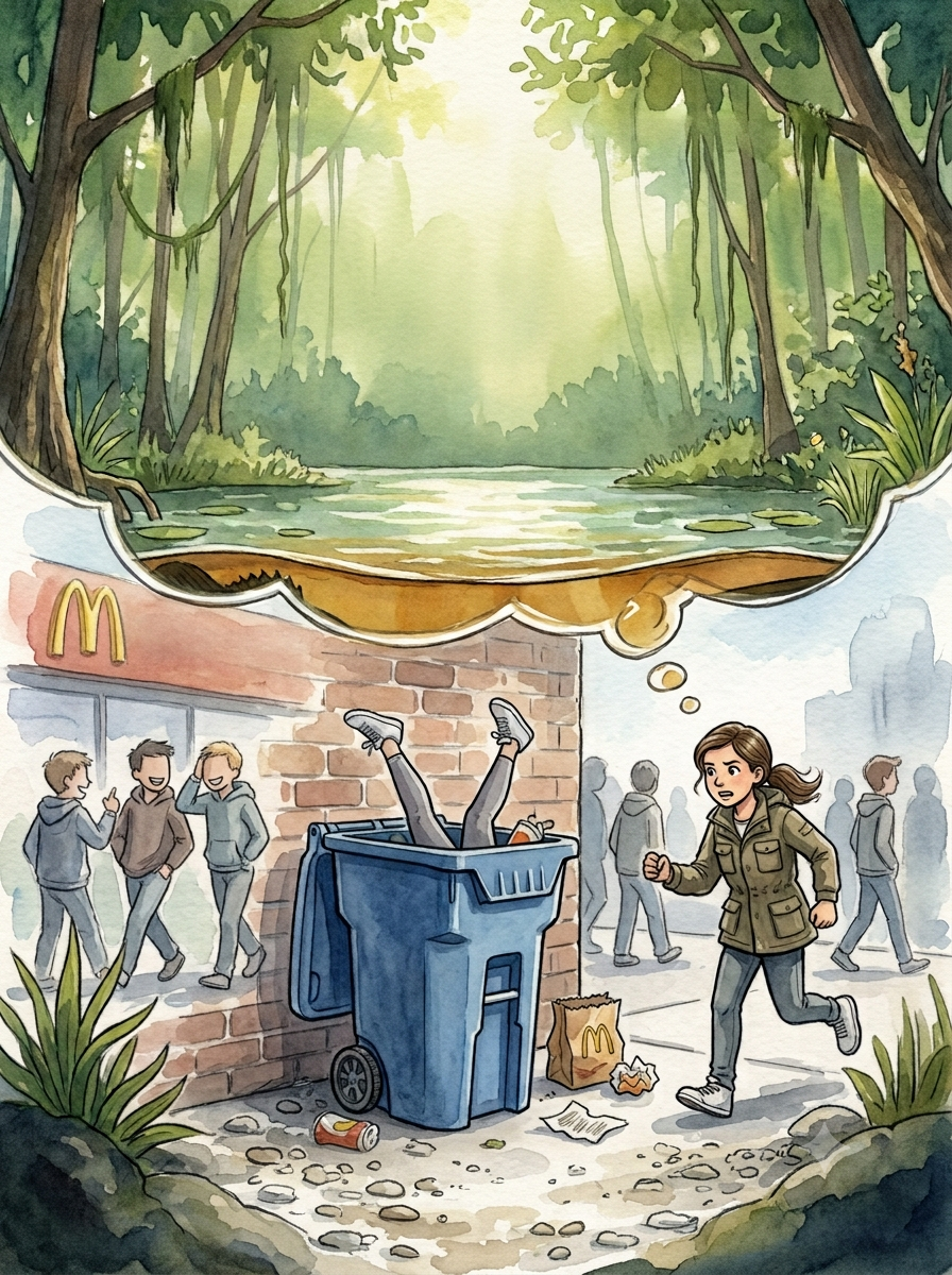 Cartoon image of someone inside a trash bin and another girl coming to her rescue.