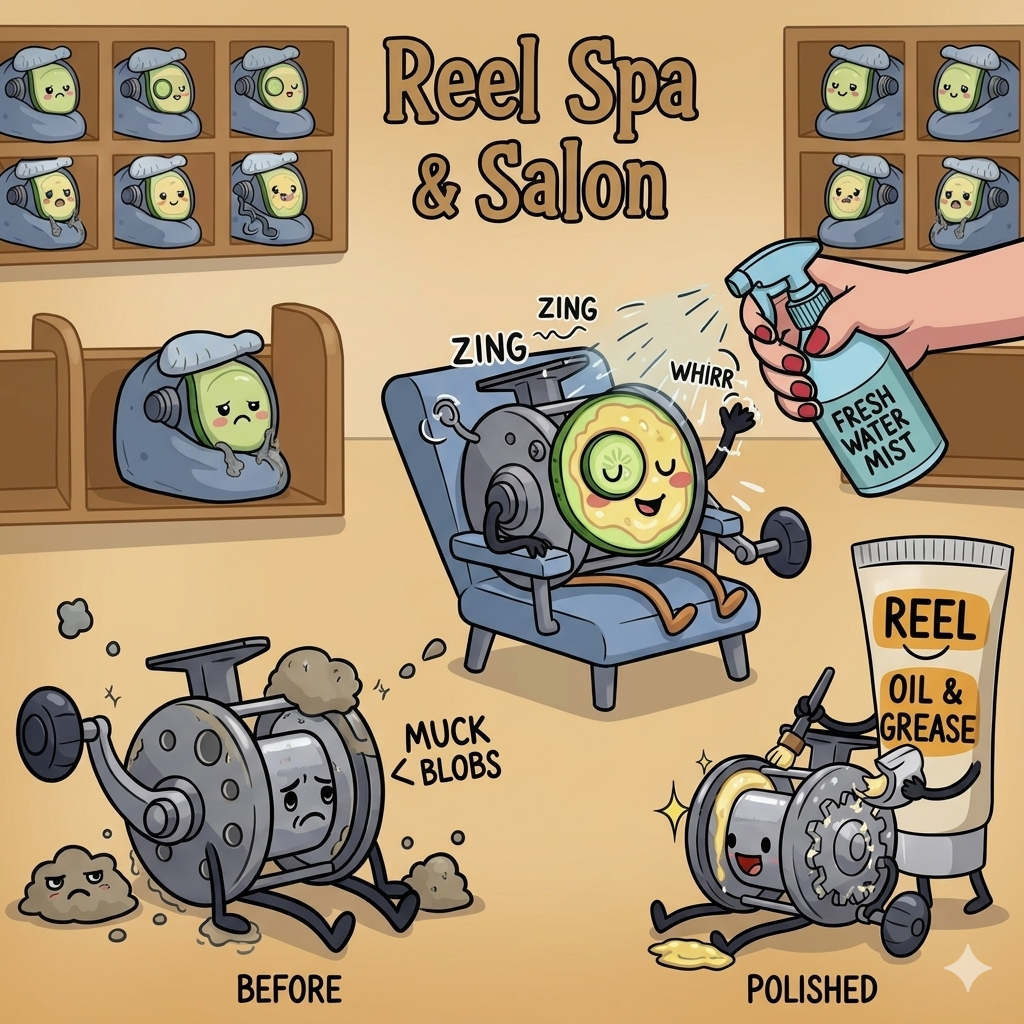 Cartoon illustration of a 'Reel Spa & Salon' with a fishing reel being cleaned and polished. ISBN:
9798232693701
