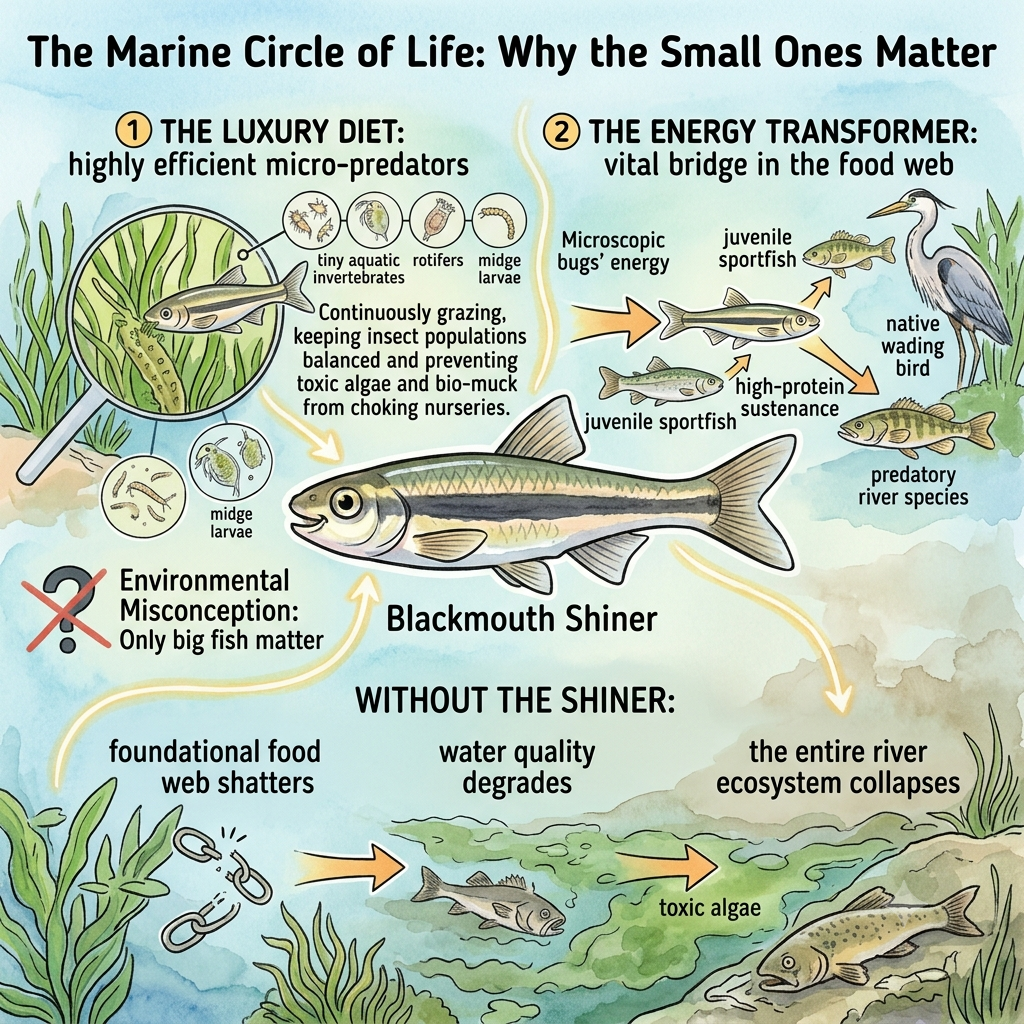 Watercolor illustration of why the Blackmouth Darter is needed to protect the entire river ecosystem from Collapsing.