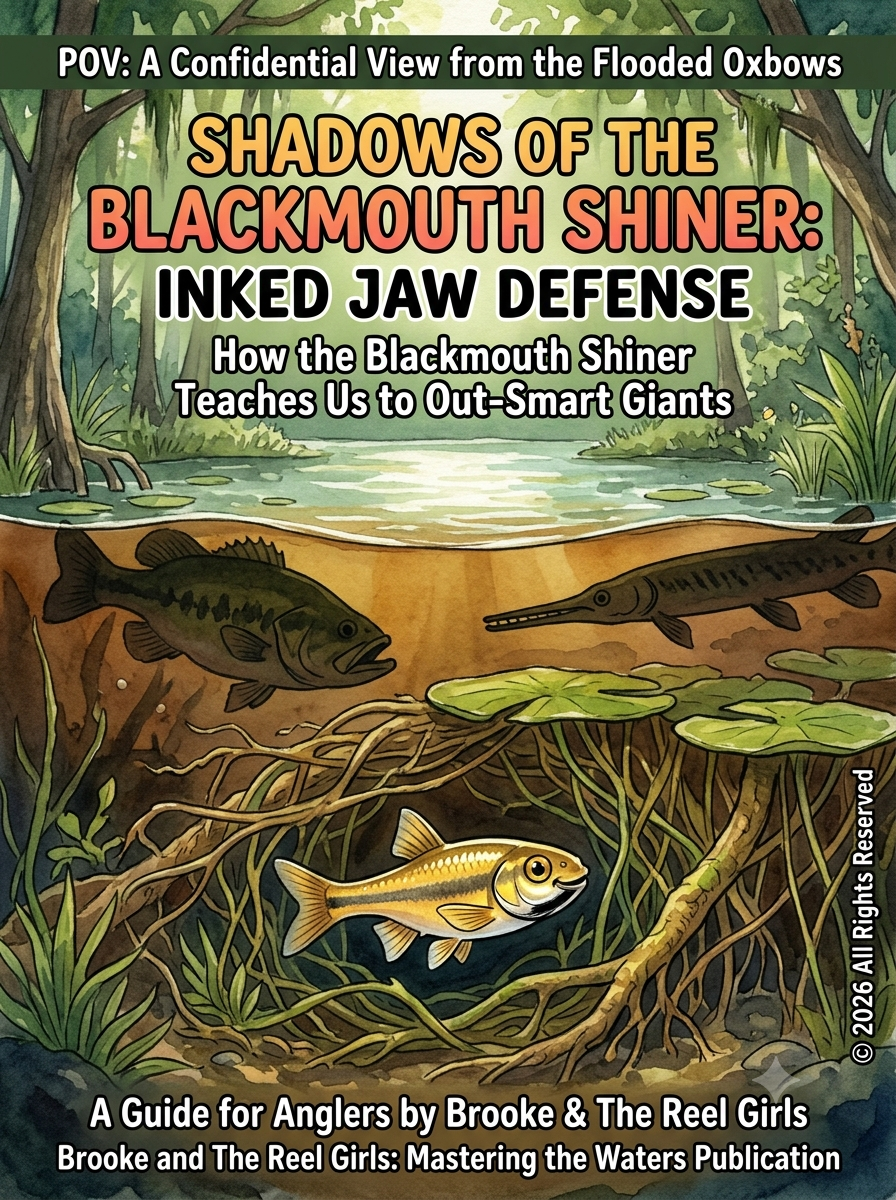 E-book PDF Cover - Shadows of the Blackmouth Shiner Inked Jaw Defense - How the Blackmouth Shier Teaches Us to Out-Smart Giants - A Guide for Anglers by Brooke & The Reel Girls: Mastering the Waters Publication