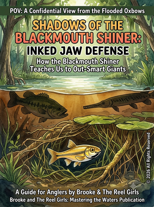 E-book PDF Cover - Shadows of the Blackmouth Shiner Inked Jaw Defense - How the Blackmouth Shier Teaches Us to Out-Smart Giants - A Guide for Anglers by Brooke & The Reel Girls: Mastering the Waters Publication