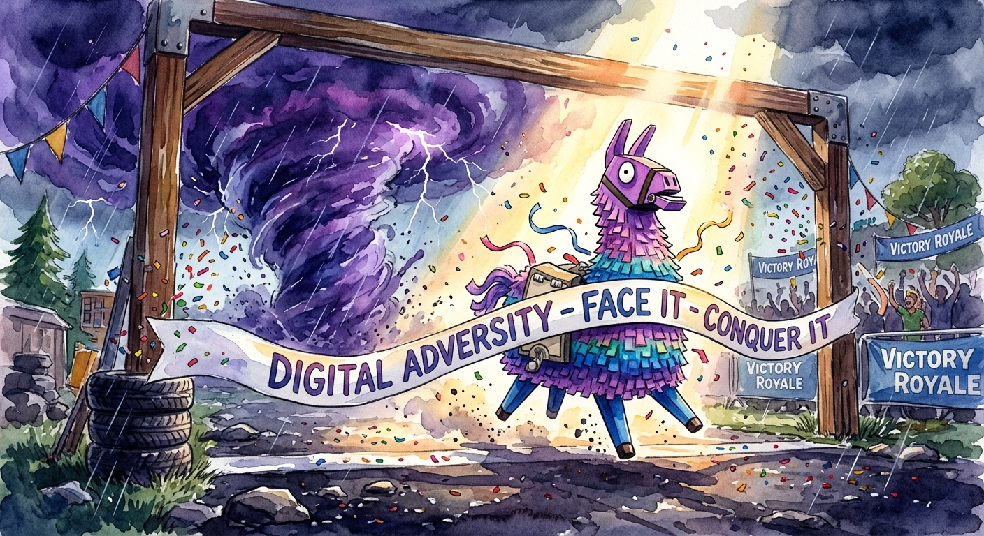 A colorful illustrated scene showing a llama-shaped character standing under a wooden arch with a banner reading 'DIGITAL ADVERSITY - FACE IT - CONQUER IT.' A purple tornado swirls in the background, with rain, trees, and signs reading 'Victory Royale' on both sides.