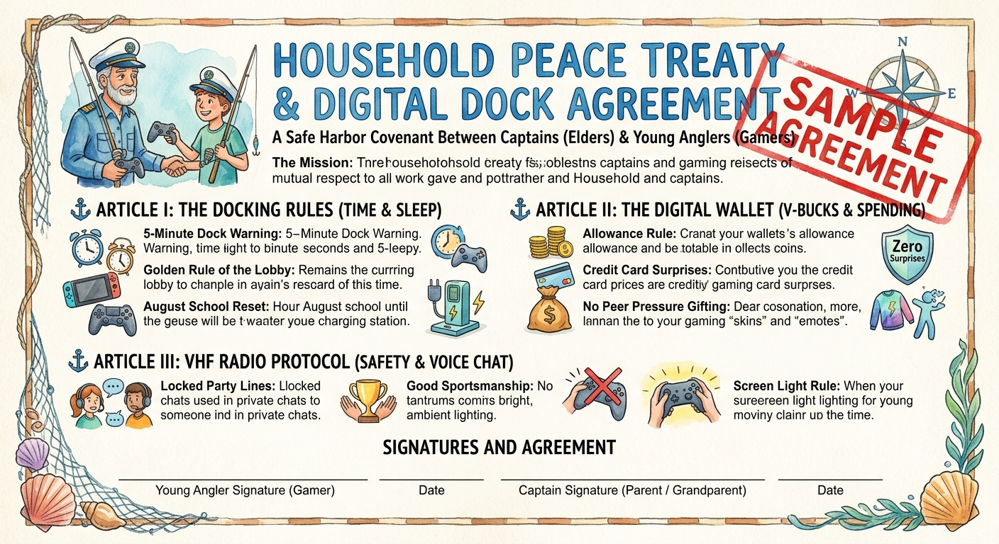 A colorful illustrated poster titled 'HOUSEHOLD PEACE TREATY & DIGITAL DOCK AGREEMENT' with cartoon characters, icons, and decorative nautical elements. A large red diagonal stamp reading 'SAMPLE AGREEMENT' overlays the right side.
