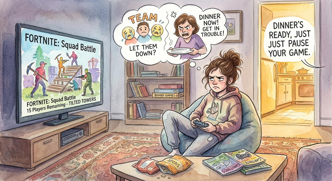 A cartoon-style illustration of a person sitting in a beanbag in a living room, holding a game controller and ignoring a TV screen showing Fortnite. Speech bubbles show a woman asking if they should let them down and another saying dinner is ready, just pause your game.