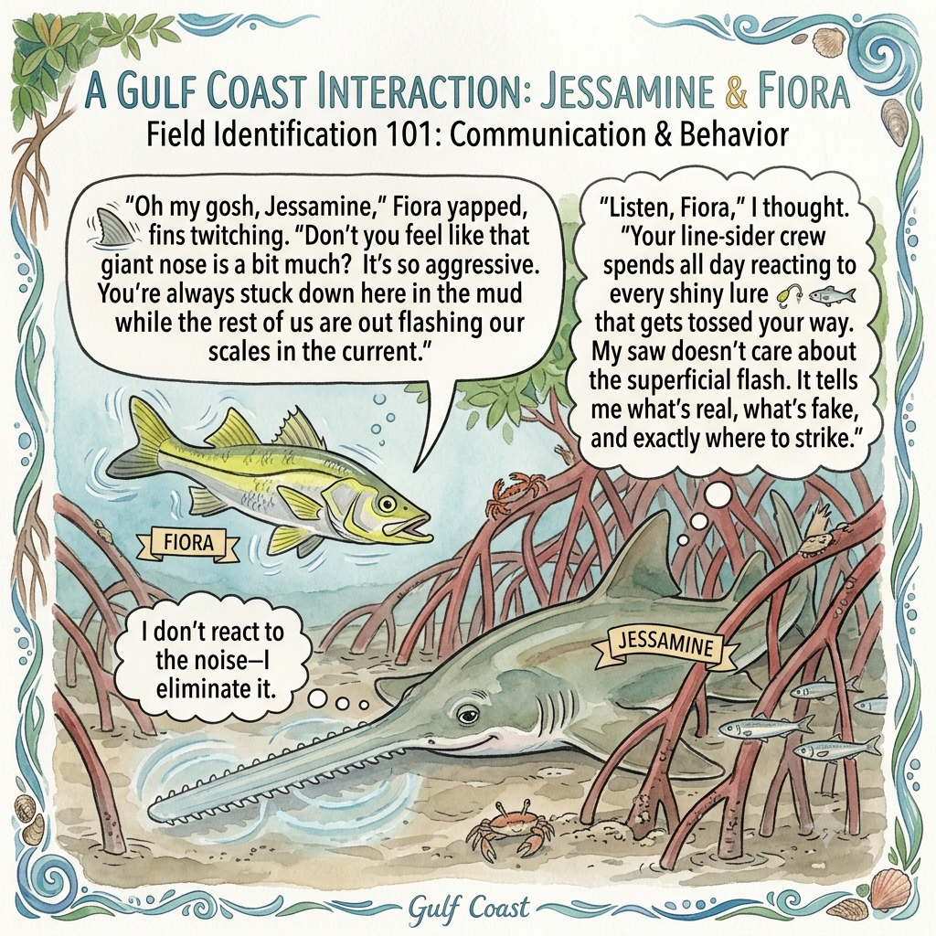 Cartoon watercolor image of a Sawfish and a Snook interacting.