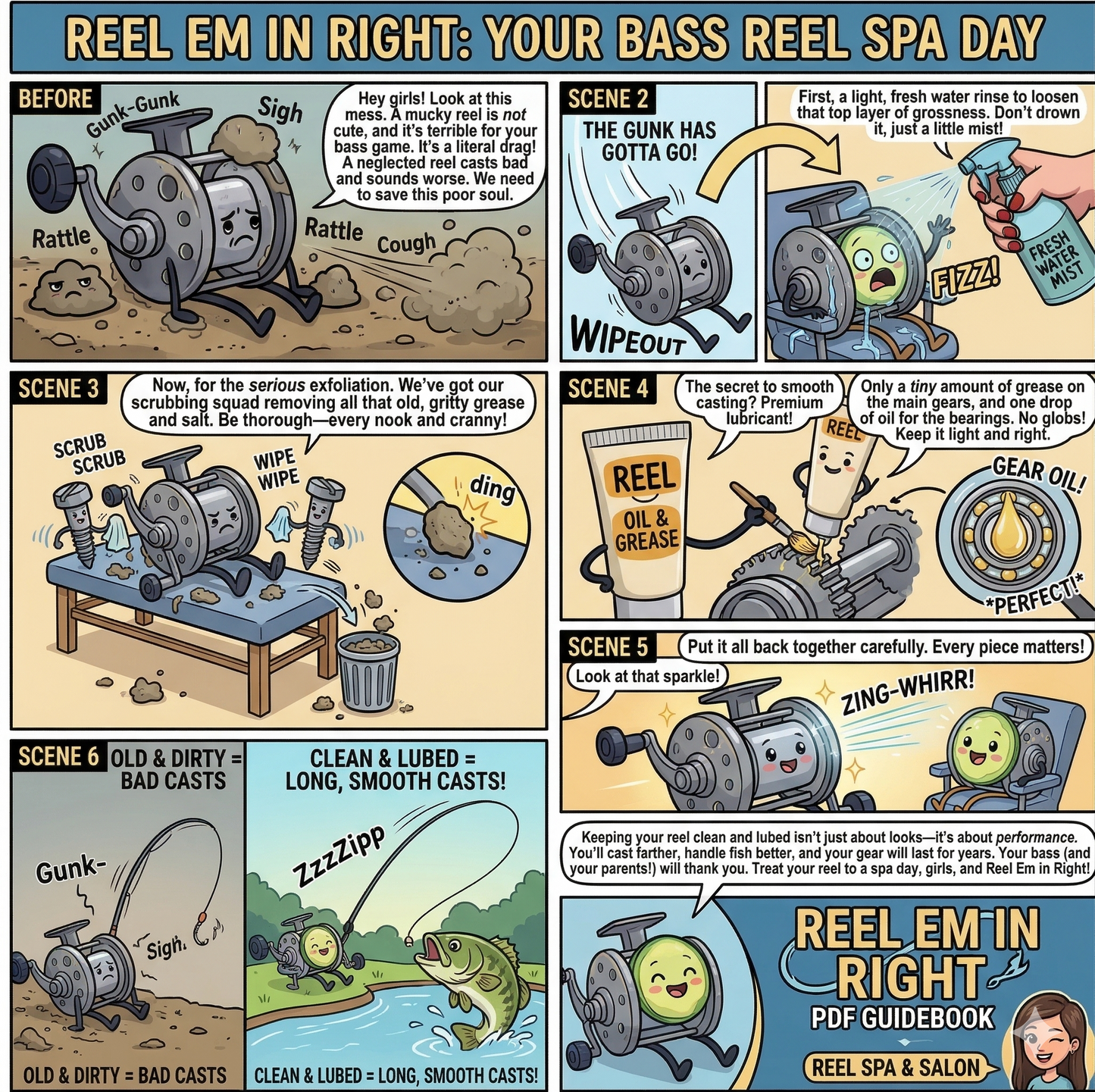Comic strip about a bass reel's spa day with various scenes and text. Format: Instant Download PDF - ISBN:9798232693701