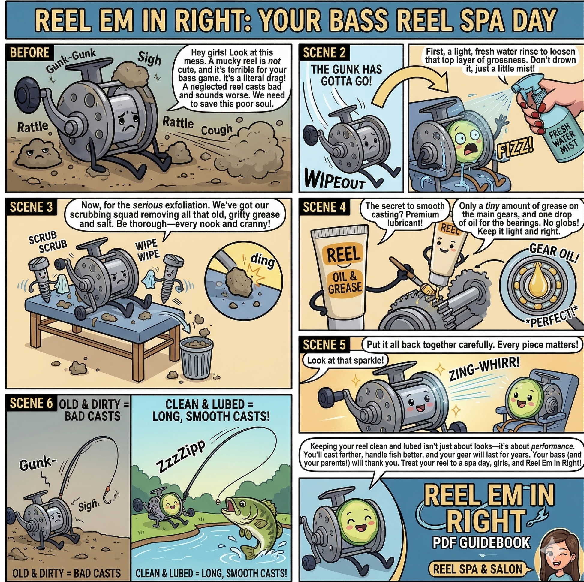 Comic strip about a bass reel's spa day with various scenes and text. Format: Instant Download PDF - ISBN:9798232693701