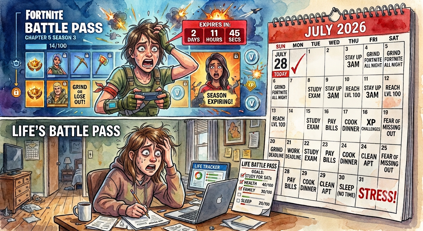 A humorous illustrated comparison between a bright, colorful Fortnite Battle Pass and a realistic, stressful 'Life's Battle Pass' shown on a calendar. The top half shows a character with a controller, while the bottom half shows a stressed-out person at a desk with bills and papers.