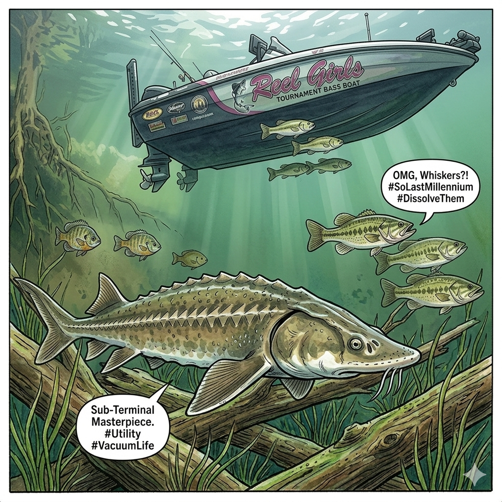Cartoon-style illustration of a large Gulf Sturgeon fish underwater with a tournament bass boat above.