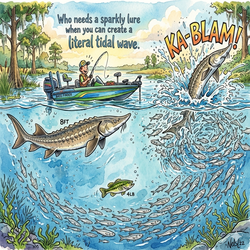 Cartoon illustration of a fisherman on a boat with large Gulf Sturgeon fish and text about creating a tidal wave.