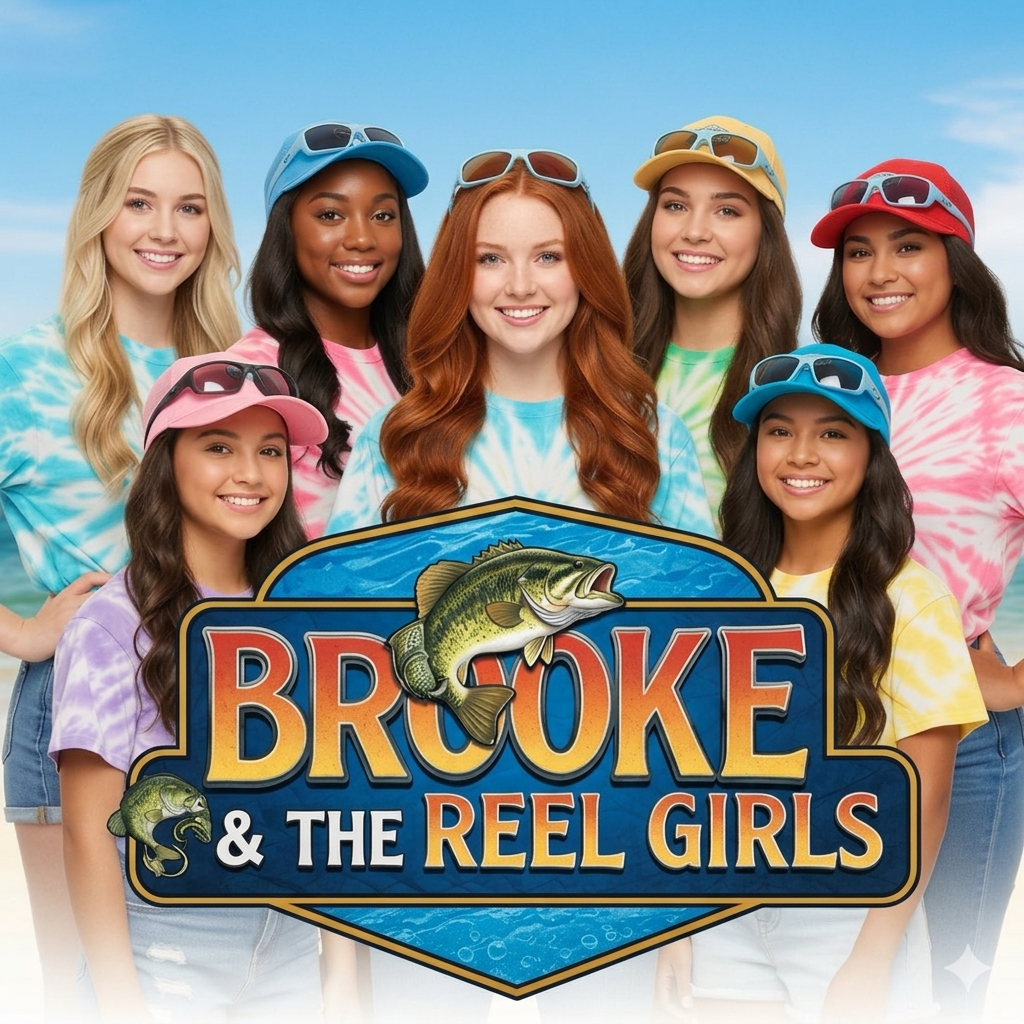 Promotional image for 'Brooke & The Reel Girls' with six women standing together against a blue sky.