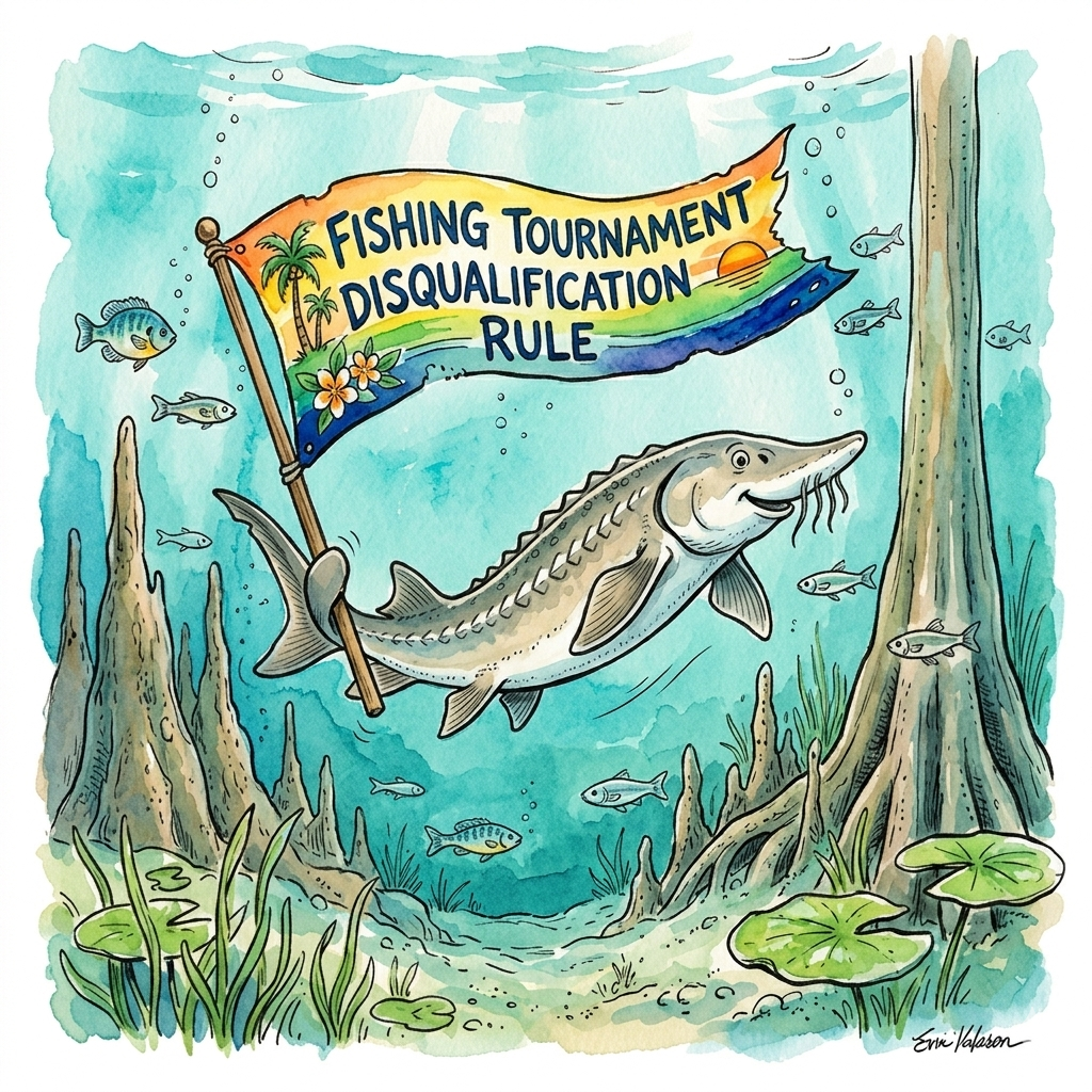 Cartoon Gulf Sturgeon fish holding a 'Fishing Tournament Disqualification Rule' banner underwater.