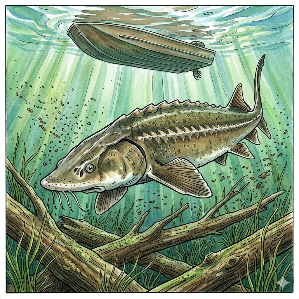 Illustration of a large Gulf Sturgeon fish swimming near a boat underwater