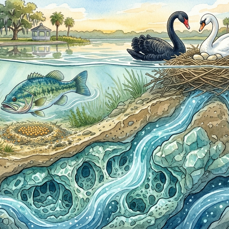 Cross-section illustration of a pond ecosystem with fish, plants, and birds.