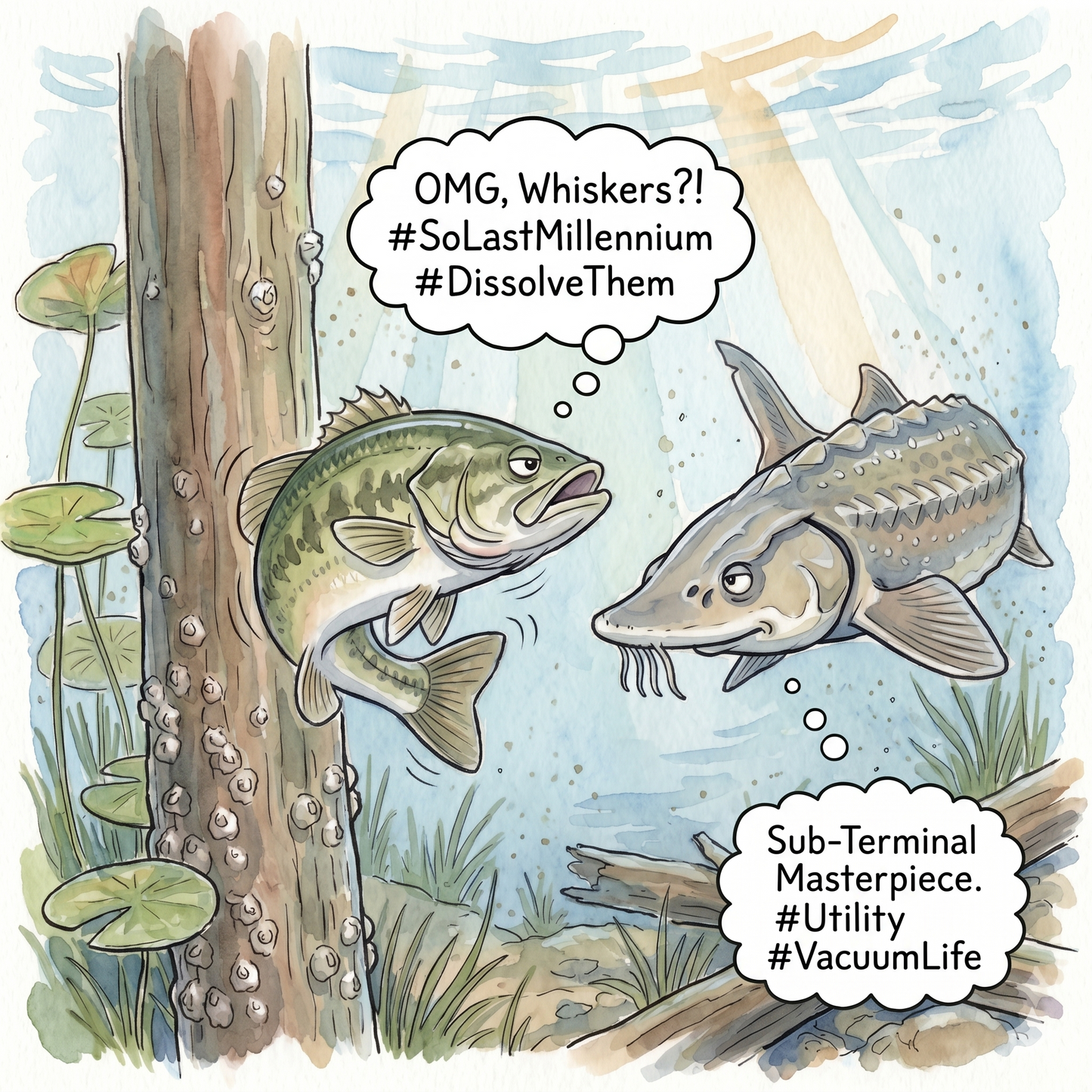 Illustration of a Gulf Sturgon and another fish  with humorous text bubbles in an underwater setting.