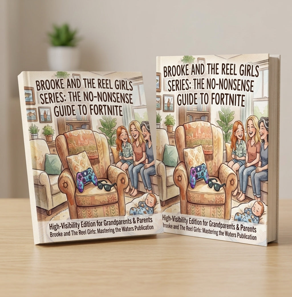 Two copies of the book 'Brooke and the Reel Girls Series: The No-Nonsense Guide to Fortnite' displayed on a light wooden tabletop with a blurred indoor background. Instant Download (PDF & EPUB). Read immediately on any phone, tablet, Kindle, or computer. No physical book will be shipped.
