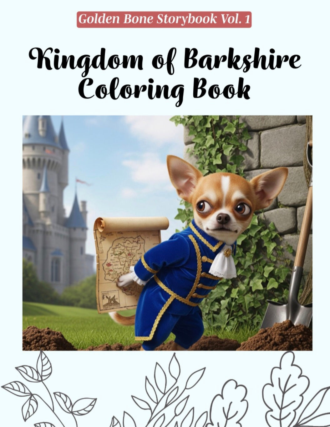 Coloring book cover with a character, Pip, in a costume holding a scroll, castle in the background.  Cover based on the story book, "Queen June and the Royal Dog Detectives" series.