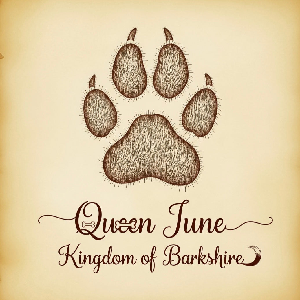 Brown paw print with 'Queen June Kingdom of Barkshire' text on a beige background