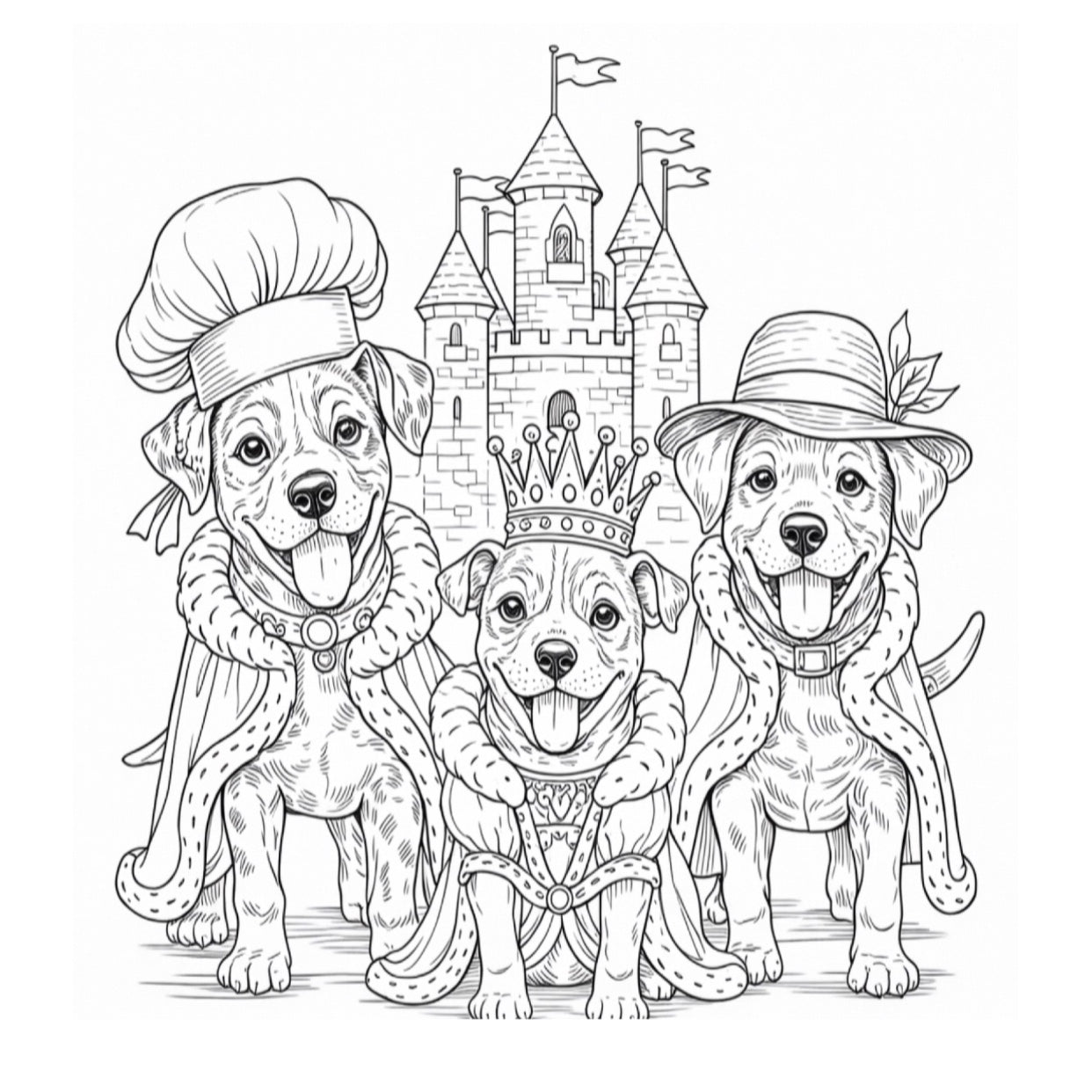 Three dogs (Queen June, Sir Hank, and Sir Slim) dressed in costumes with a castle in the background, suitable for coloring.
