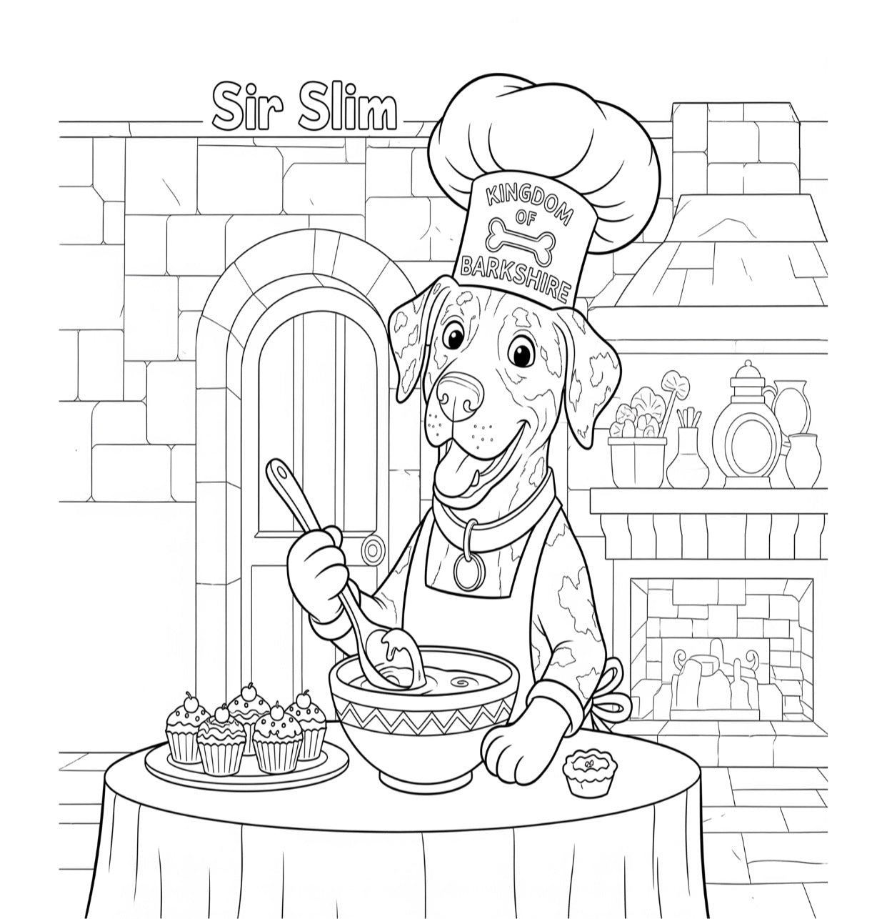 Coloring book page of Sir Slim, a Catahoula Leopard dog chef in a kitchen with text 'Sir Slim' and 'Kingdom of Barksfield'.
