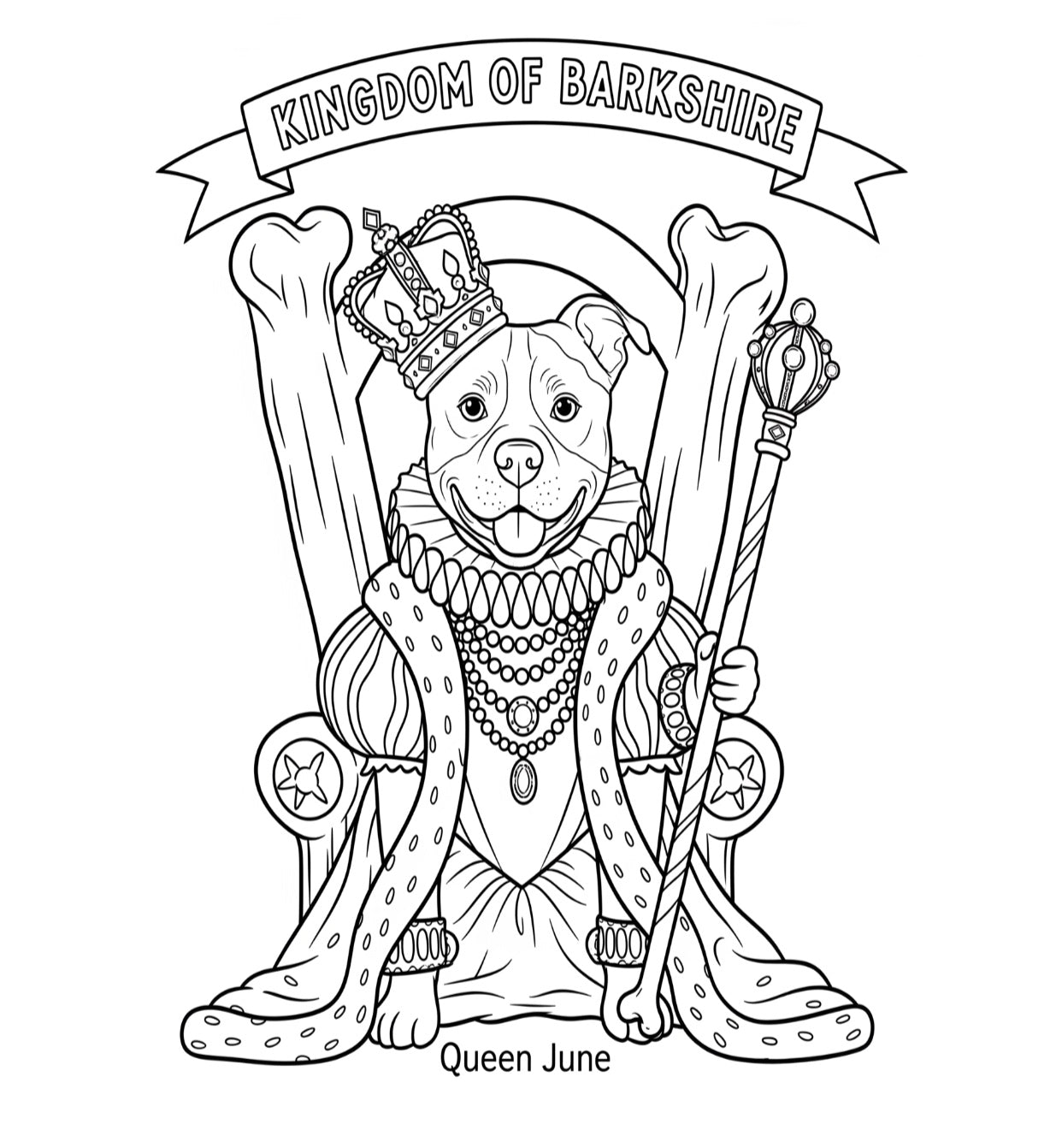 Queen June, Pittie dog character on a throne with 'Kingdom of Barkshire' banner and 'Queen June' text