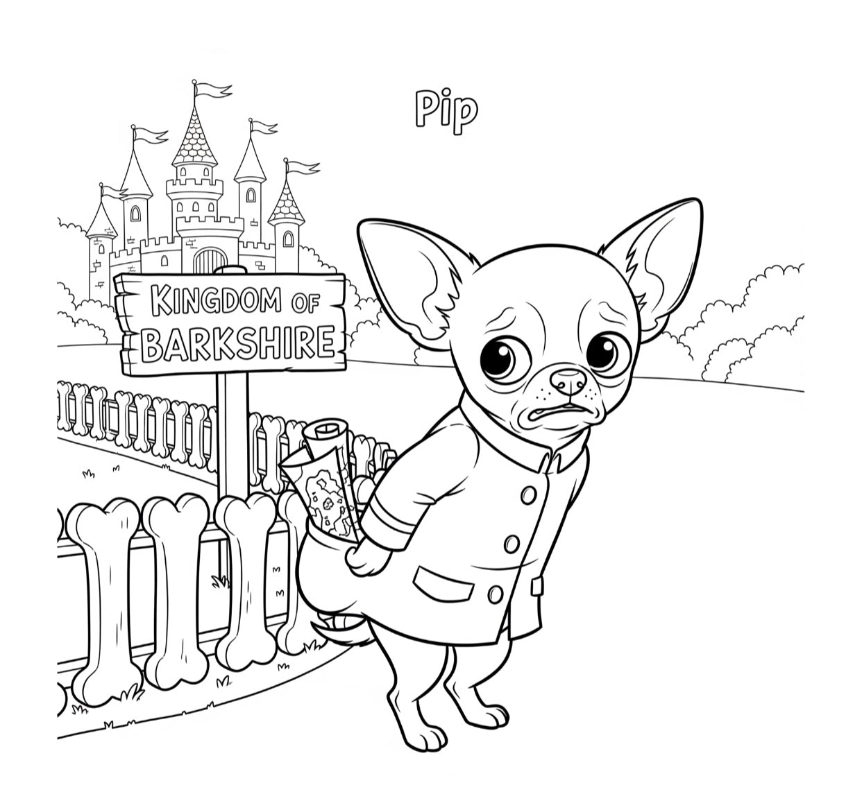 Cartoon Sir Pip, dog character named Pip in front of a castle with 'Kingdom of Barkshire' sign