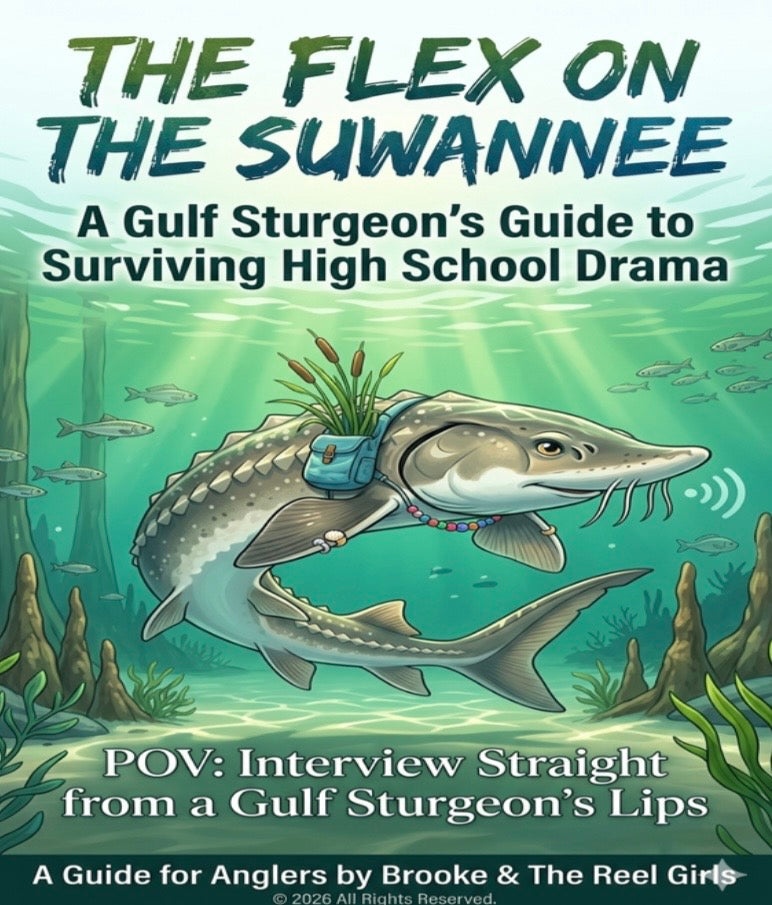 Book Cover: The Flex On The Suwannee - A Gulg Sturgeon's Guide to Surviving High School Drama - POV: Interview Straight from a Gulf Sturgeon's Lips - A Guide for Anglers by Brooke & The Reel Girls 