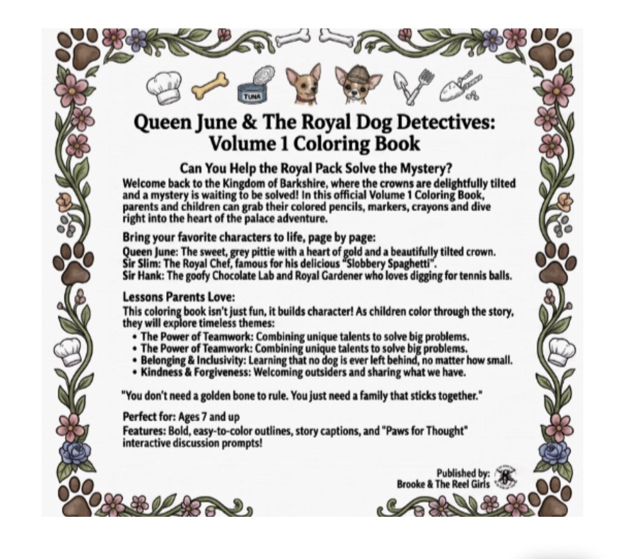 Coloring book back cover for 'Queen June & The Royal Dog Detectives' with decorative border and text.