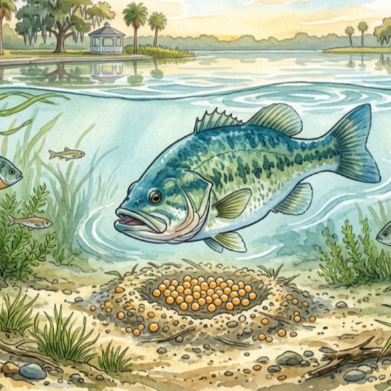Illustration of a fish near a nest of eggs in a pond with grass and trees.