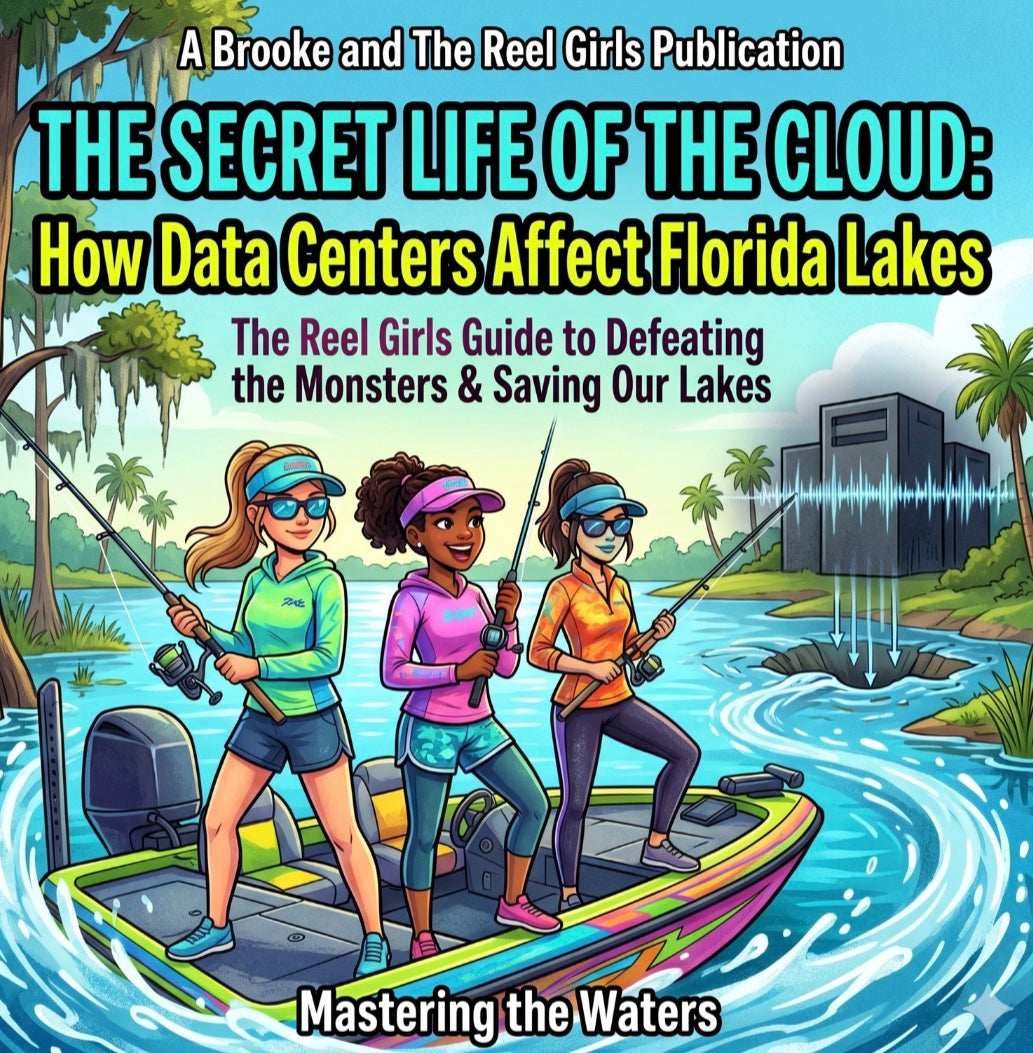Book cover with three women on a boat, data center, and lake scene. The Secret Life of The Cloud - How Data Centers Affect Florida Lakes - The Reel Girls  Guide to Defeating the Monsters & Saving Our Lakes. 