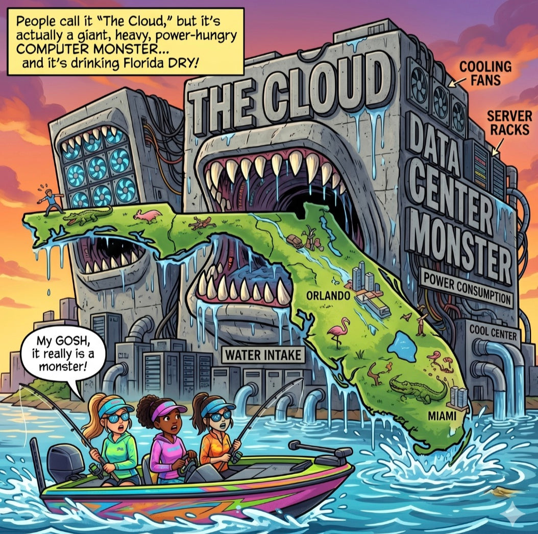Cartoon illustration of a data center shaped like a monster drinking Florida water, with people in a boat nearby.