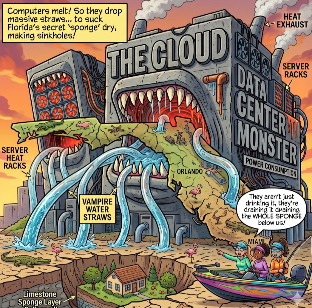 Cartoon illustration of a data center monster named 'The Cloud' with vampire water straws sucking Florida dry.