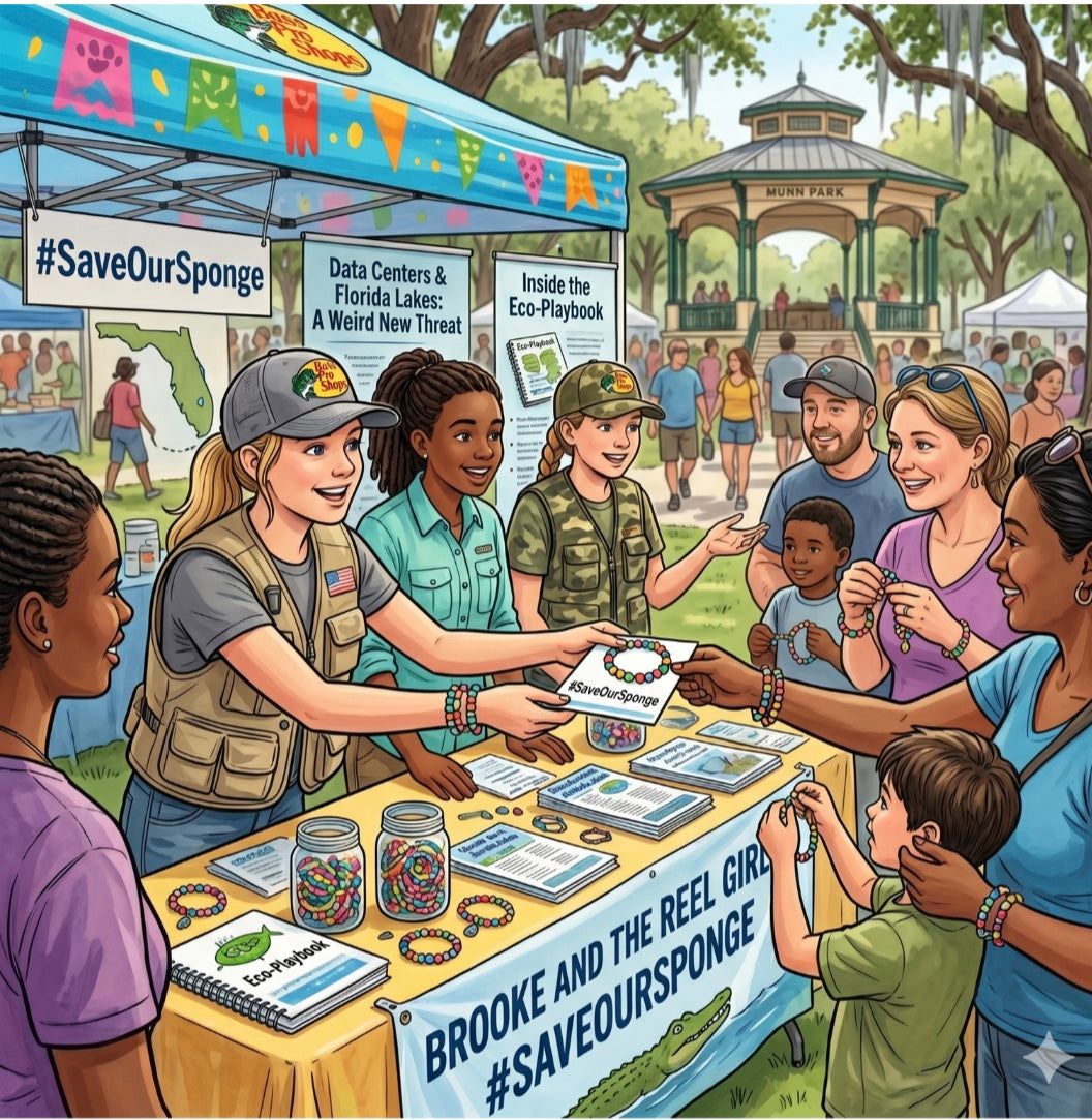 Illustration of a community event with people interacting at a '#SaveOurSponge' booth.