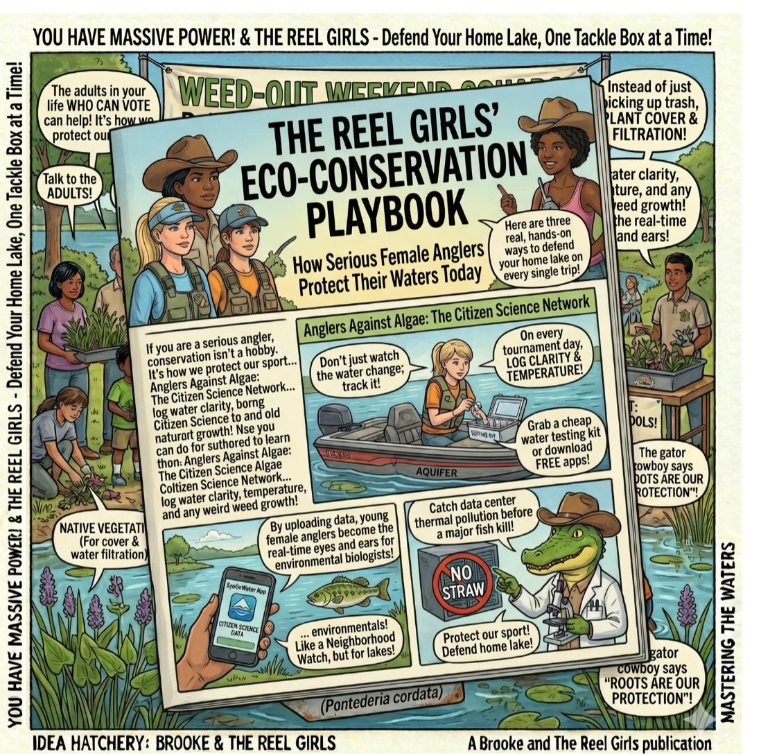 Comic-style illustration of 'The Reel Girls' Eco-Conservation Playbook' with various scenes and characters.