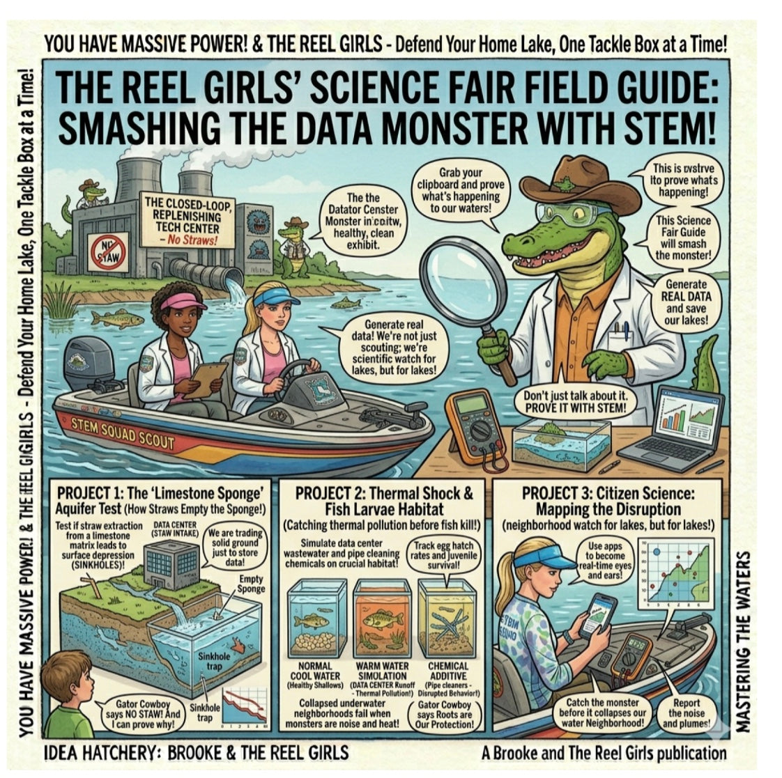 Cartoon-style science fair field guide for children with various projects and a crocodile character.