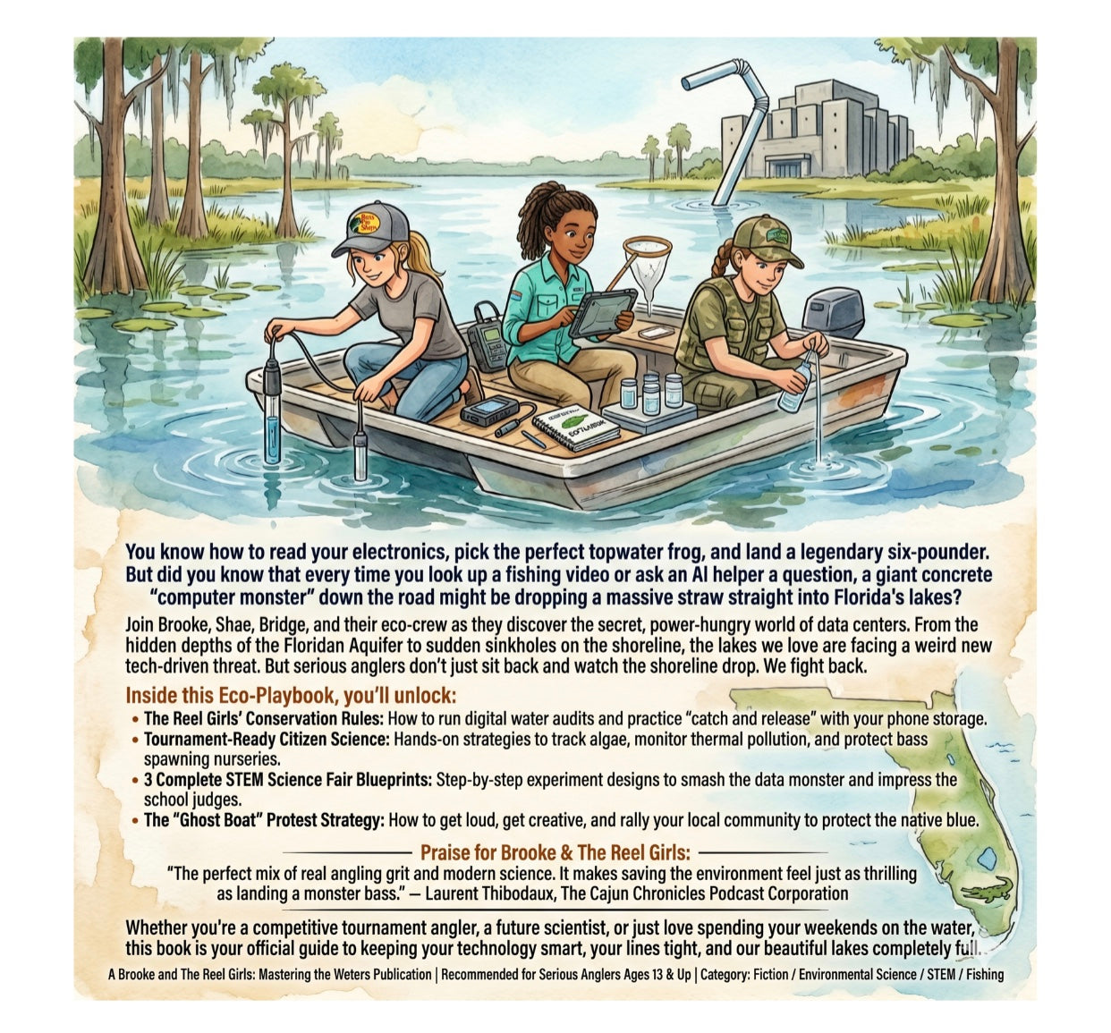 Back Cover of The Secret Life of The Cloud , Illustration of three people in a boat on a lake with text about fishing and conservation.