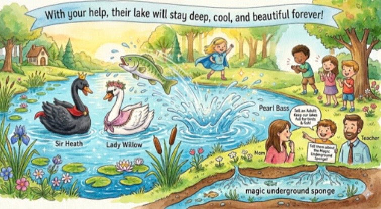 Illustration of a pond with animals and children, featuring text about a magic underground sponge.