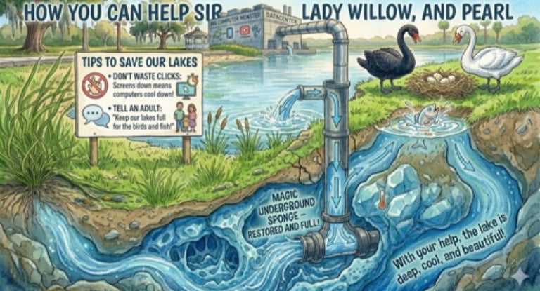 Cartoon illustration of a lake with pollution issues, birds, and a sign about saving lakes.