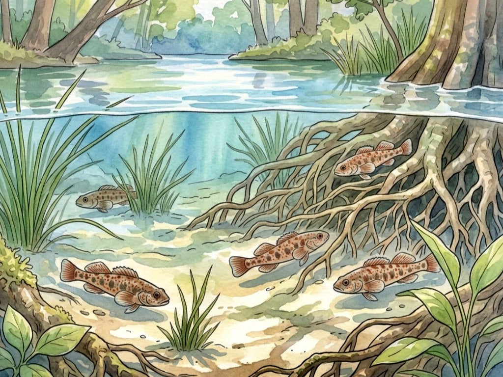 Illustration of Okaloosa Darters swimming in a river with roots and plants.