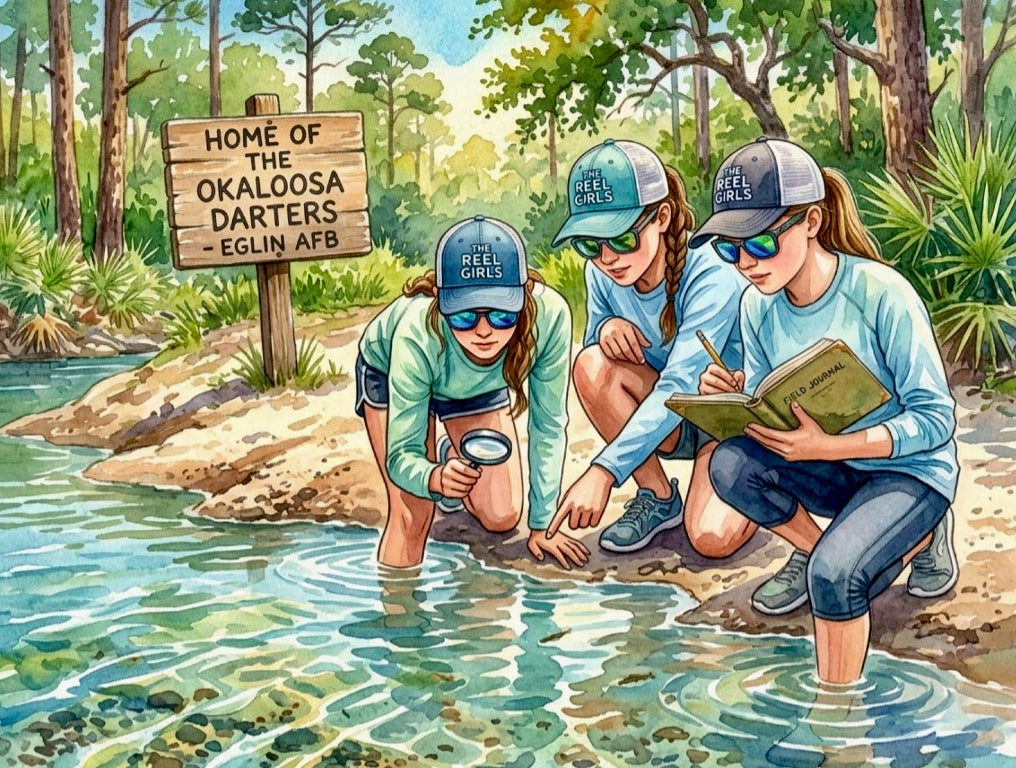 Three women in outdoor attire by a stream, with a 'Home of Okaloosa Darters' sign in the background.